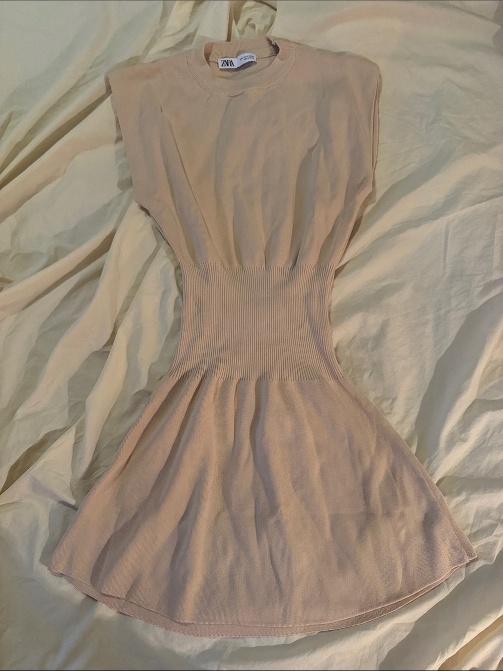 ZARA Cream Ribbed Waist Fit-and-Flare Mini Dress